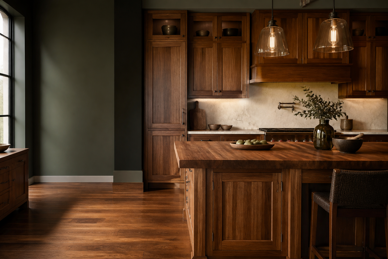 Custom walnut and oak kitchen cabinetry with a solid wood island and warm pendant lighting
