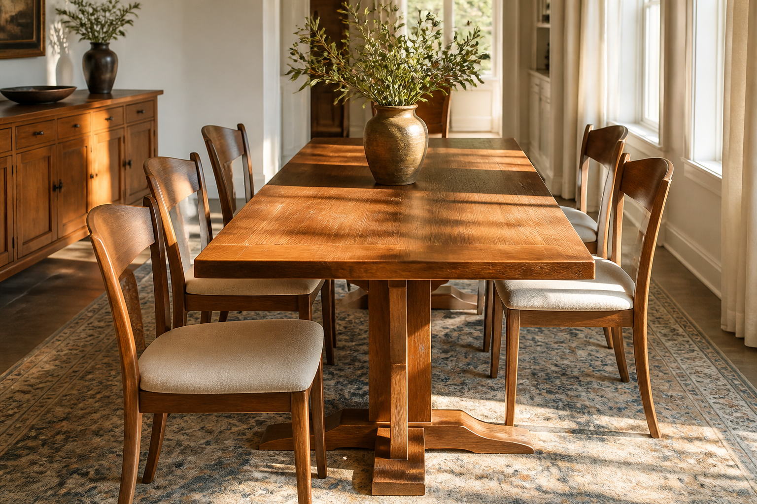 Handcrafted solid wood dining table in a sunlit dining room