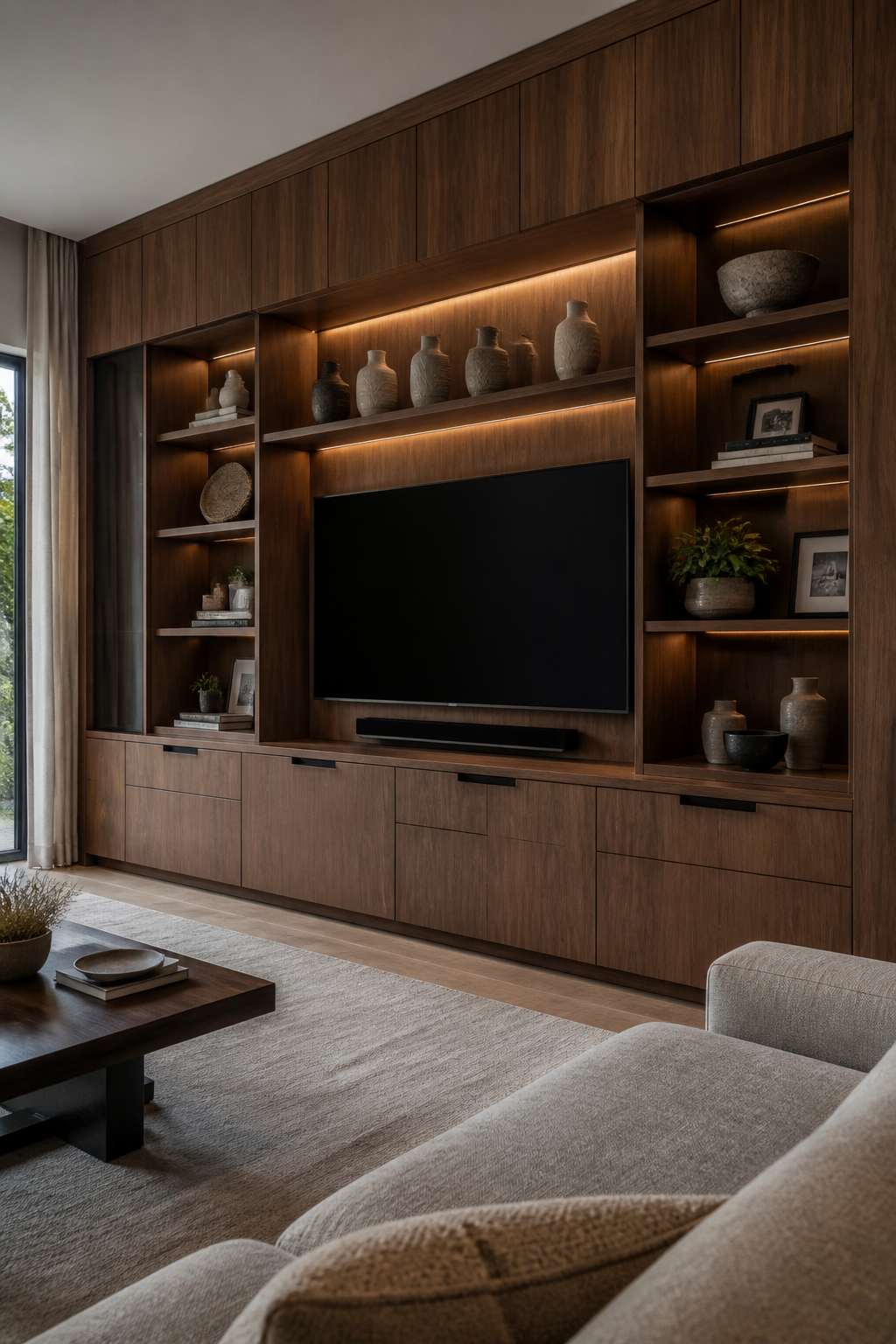 Modern living room with custom wood media built-in cabinetry
