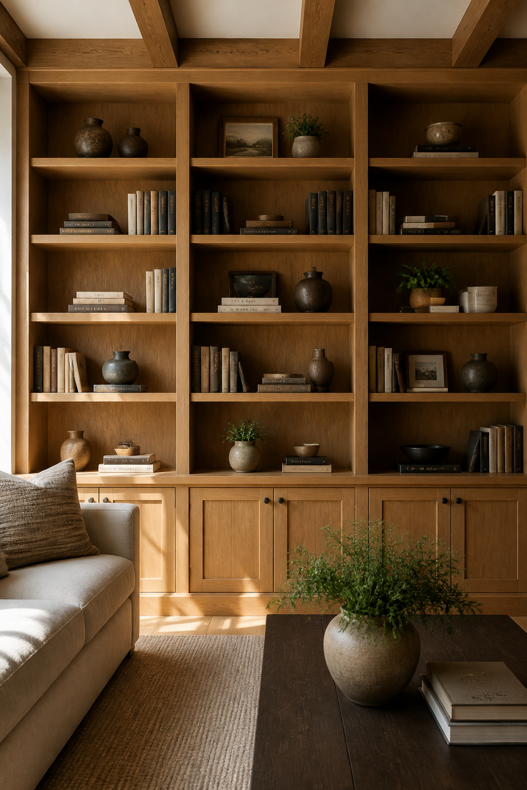 Floor-to-ceiling wooden built-in bookshelf in a living room