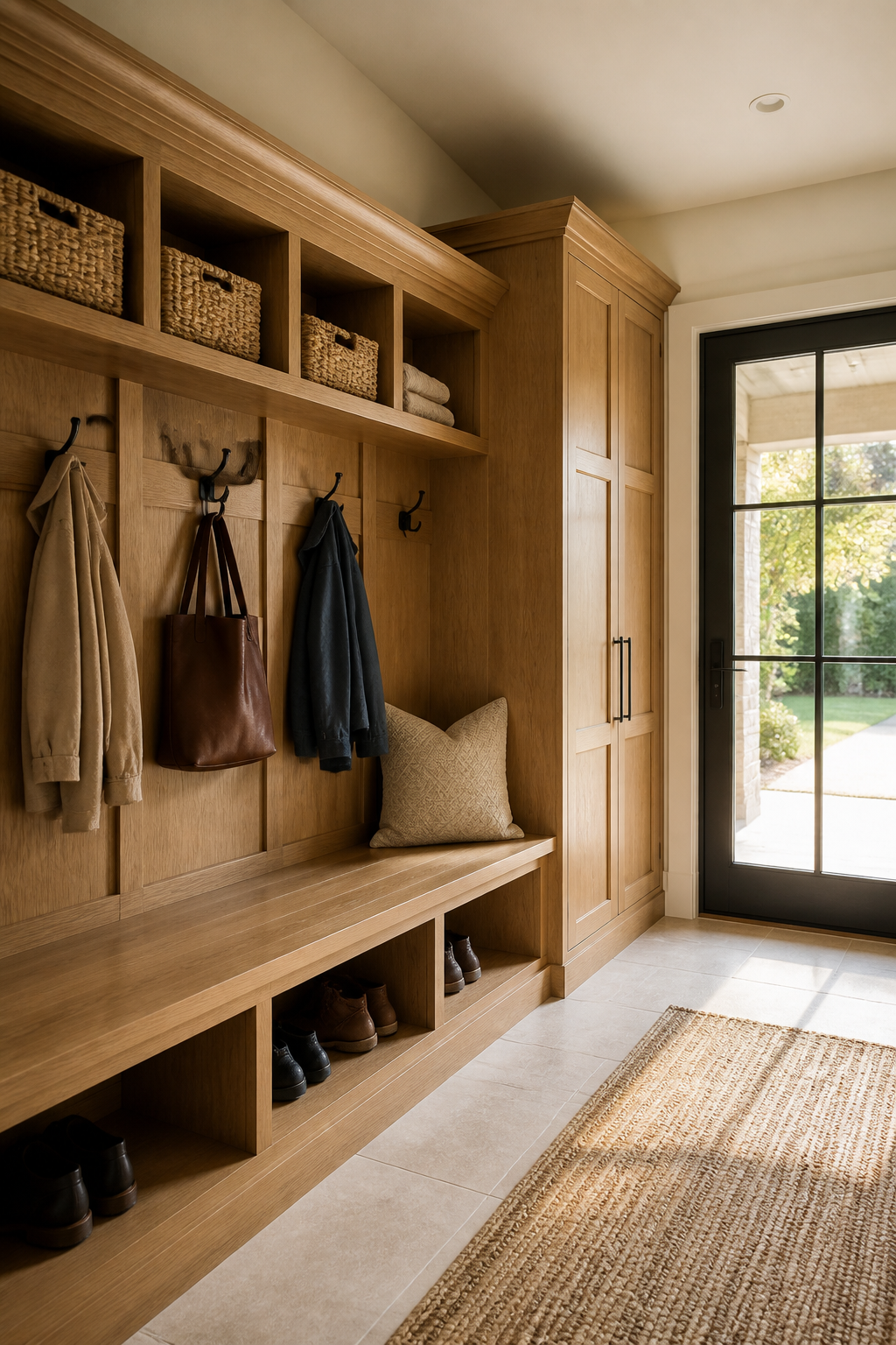 Custom mudroom cabinetry with hooks, benches, and cubbies