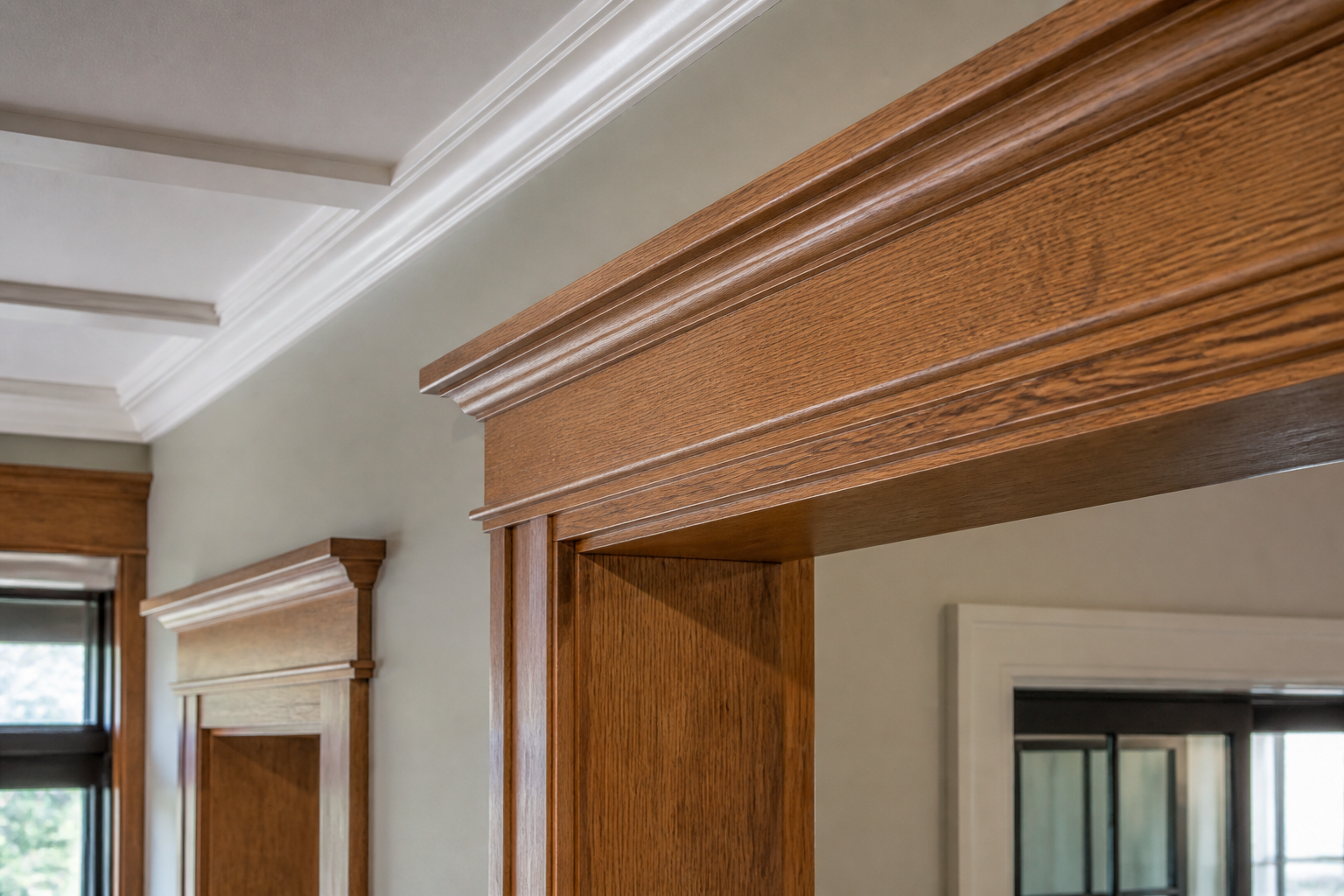 Detailed wood trim and molding in a renovated interior hallway
