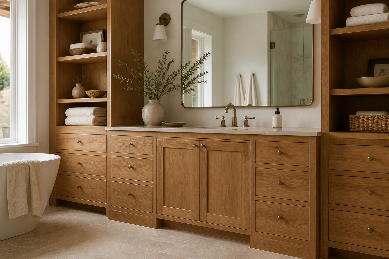 Custom oak bathroom vanity with built-in cabinetry and warm natural light