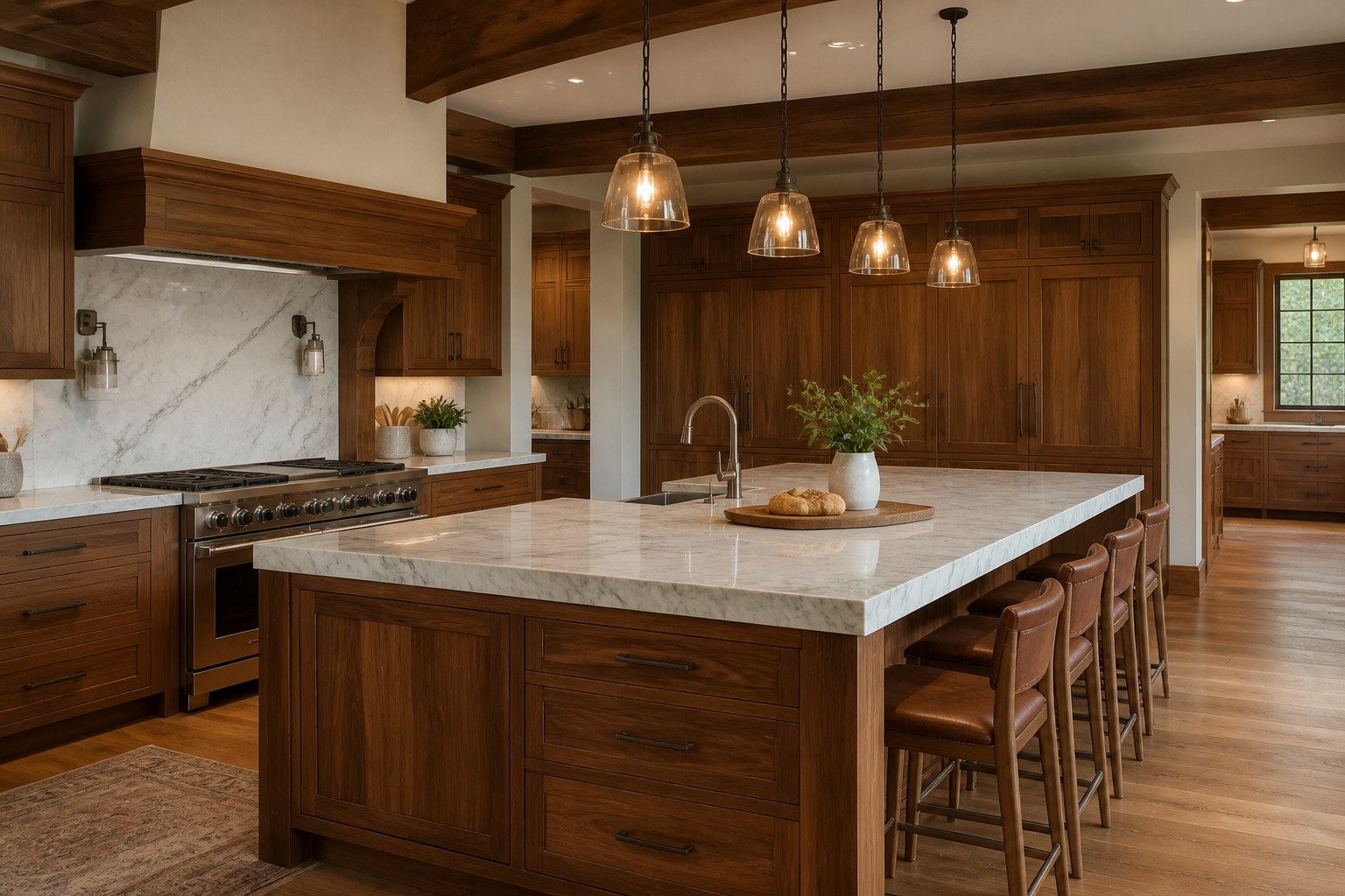 Custom walnut kitchen island with pendant lighting and marble counters