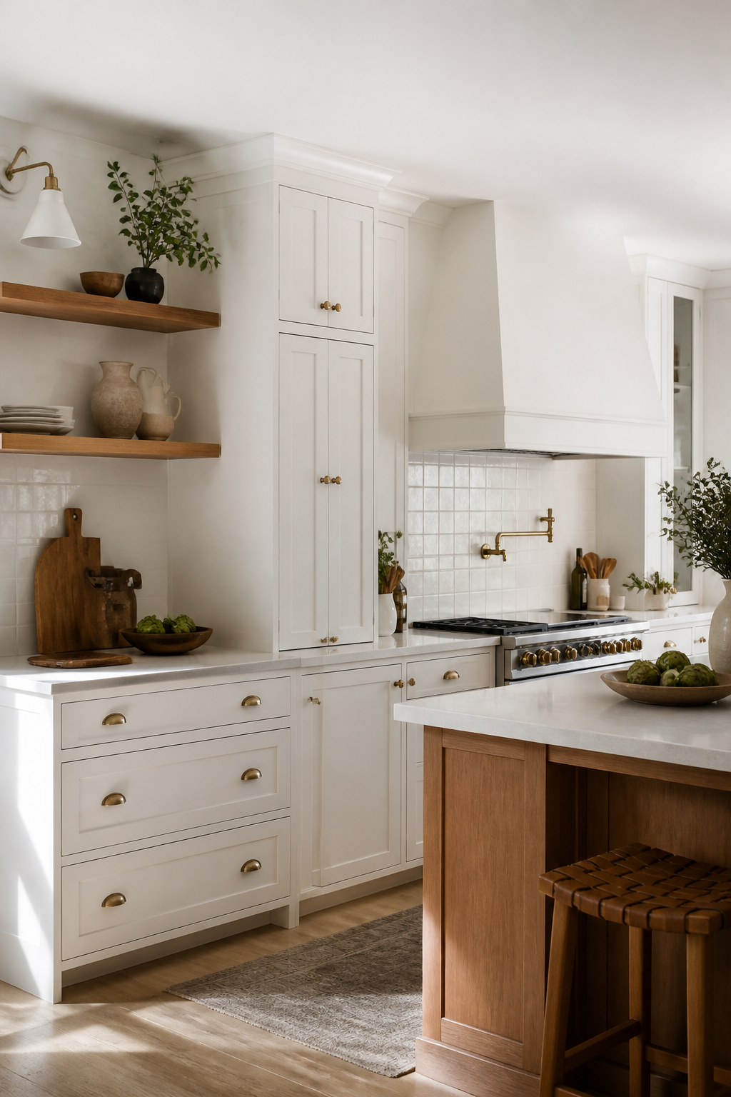 Bright kitchen with white shaker cabinets and open shelving