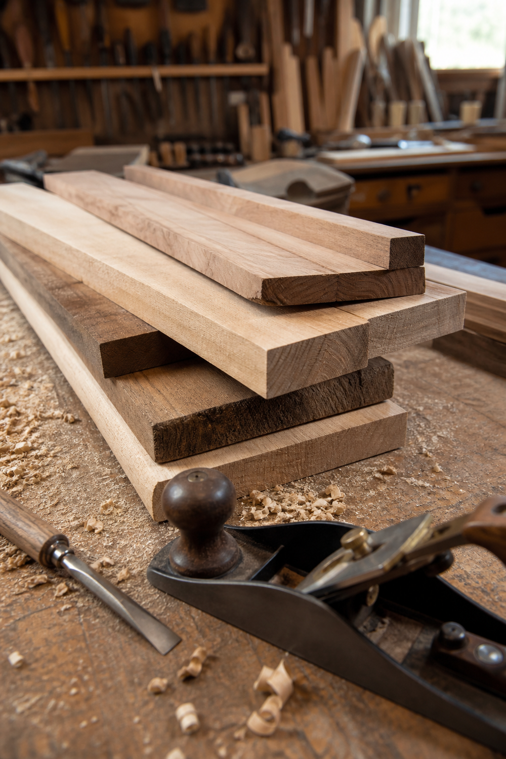 Carpenter shaping hardwood boards at a workshop workbench
